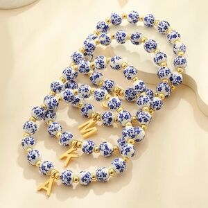 Gold Plated InitialBlue/Gold Beaded Bracelet